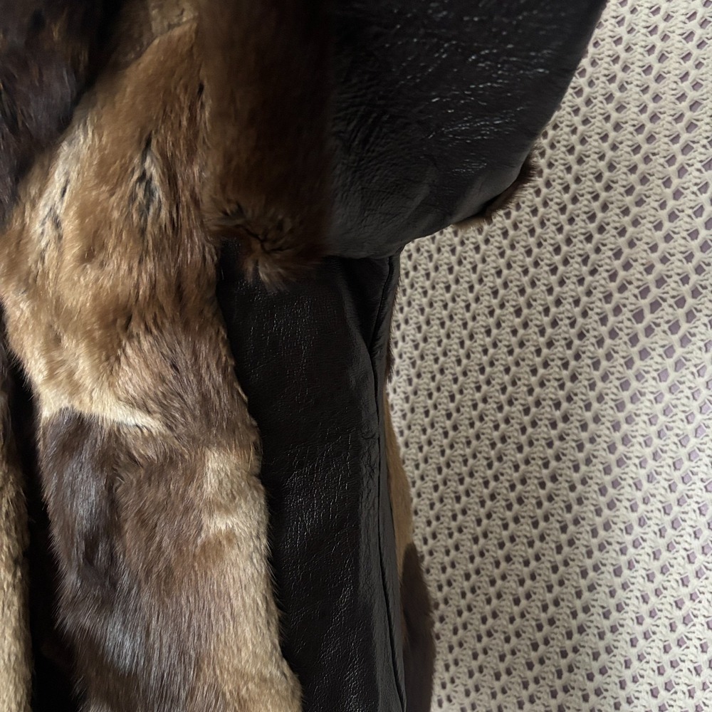 Vintage Mandel's Raccoon Fur Patchwork Leather Pea Coat Women's Size L- XL Brown - Picture 9 of 12